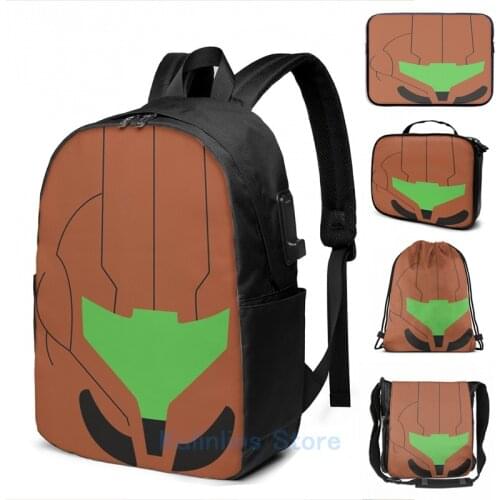 Funny Graphic print Minimalist Samus Helmet (transparent) Metroid Prime USB Charge Backpack men School Travel laptop bag