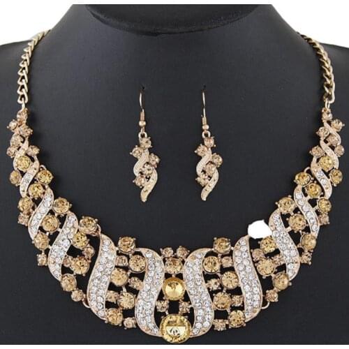 Rhinestone Inlaid Chain Necklace Hook Earrings Bridal Wedding Party Jewelry Set Chain Necklace Hook Earrings Bridal Jewelry Set