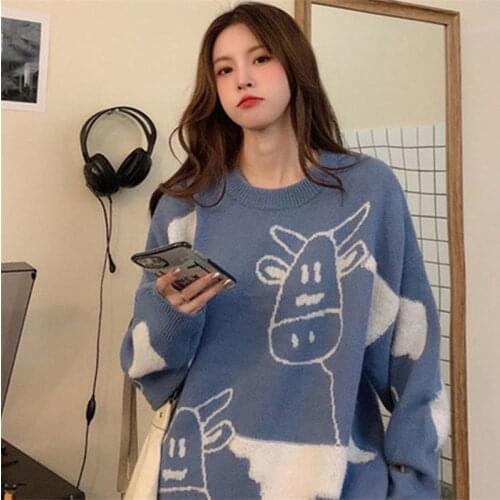 Loose Female Oversized Loose Sweatshirt Korean Cow Lovely Spring Long Sleeve Sweater Girl New Sweater Streetwear Blue Tops