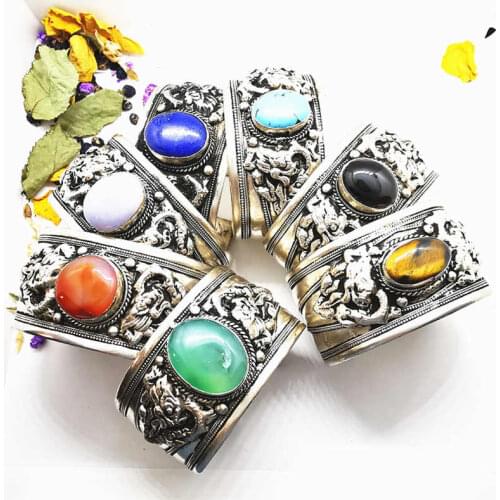 Tibetan Jewelry Copper Inlay Natural Stone Bead Wide Open Cuff Multi Stones BB-019
