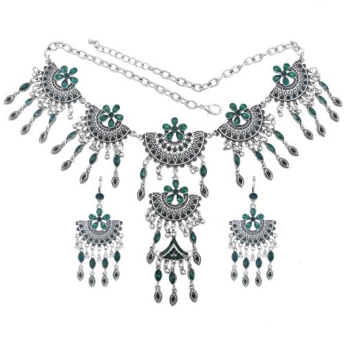 Vintage Bohemian Rhinestone Choker Necklace Earring Sets for Women Silver Color Metal Indian Jhumka Earring Festival Party Gift