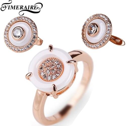 New 585 Rose Gold Round Crystal Women Jewelry Set Elegant U Shaped Stud Earrings Rhinestone Rings For Women Lady Wedding Jewelry