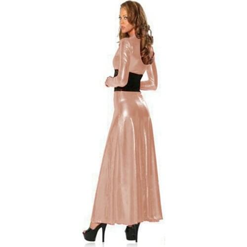Women Long Sleeve Maxi dress with Lace Patchwork Vintage Casual Long Faux Leather Jacket Wet Look Clubwear Pole Dance Dress