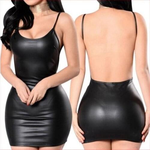 Women Dress Leather Sleeveless Dress Evening Party Sexy Mini Wrapped Chest Hip Sling Waist Dress Night Club Sexy Party Rock