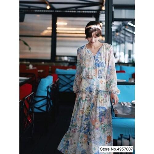 Ladies Silk Floral Printed Drop Shoulder Midi Dress Features Neck With Ties & Button Detail