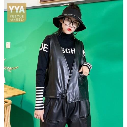 Streetwear Genuine Leather Vest Women V-Neck Sleeveless Cardigan Coat Loose Fit Pocket Lace-Up Casual Real Sheepskin Waistcoat