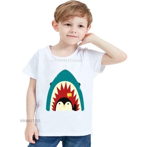 2018 Summer Girls & Boys Short Sleeve T shirt Children Penguin In The Shark Say Hi Print T-shirt Baby Kids Funny Clothes,HKP5701