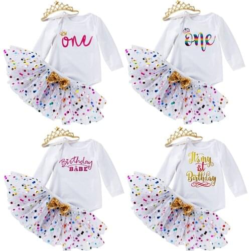 3pcs 0-24M BirthDay Princess Infant Toddler Baby Girl Dress Long Sleeve Romper & Colorful Dots White Lace Skirt Suit-Kids Lolita