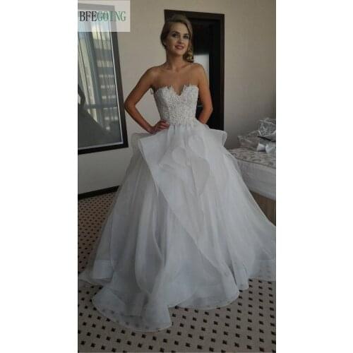 White Lace Organza Beading Floor-Length Sweetheart A-line Wedding dresses Strapless Sleeveless Bridal Gown Custom made
