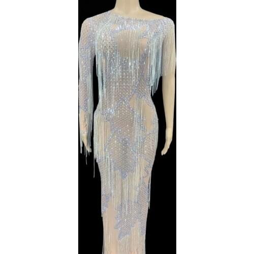 Sparkly Rhinestone Chain Long Dress Birthday Celebrate Party Outfit Luxurious Show Performance Stage Wear Sexy Transparent