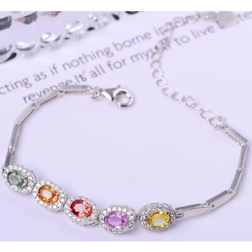 Natural real colorful sapphire chain bracelet 925 sterling silver 4*6mm 0.6ct*5pcs gemstone Fine jewelry Q216256