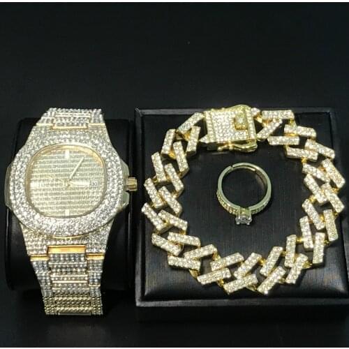 Hip Hop Bracelets Ice Out Crystal Miami Cuban Chain Gold Silver Color Luxury Men Watch +Bracelet +rings Rock Adjustable Ring