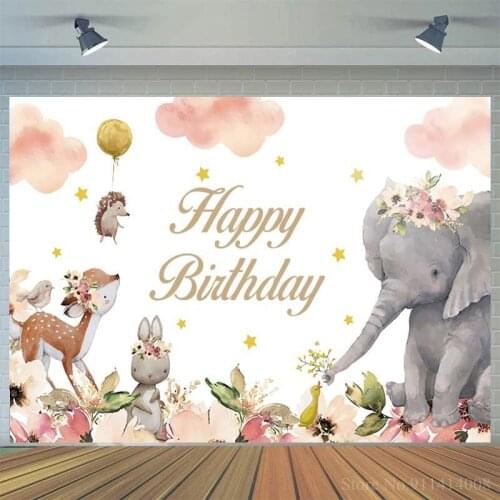 Elephant Mum Little Bunny Flowers Kids Birthday Backdrops Photography Golded Stars Newborn Baby Shower Wild One Photo Background