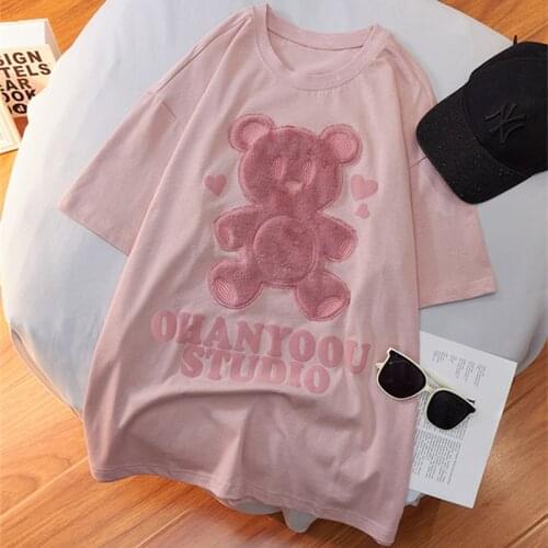 Japanese Girls Cute Bear Couple Pink Short Sleeve T-shirt O-neck Casual Top 2021Spring Summer Oversize Loose Shirts for Women