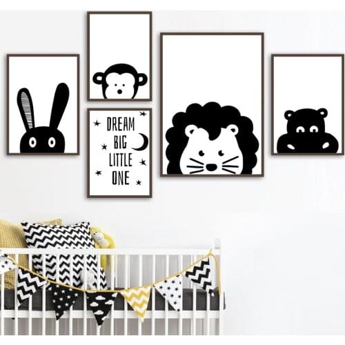 Lion Rabbit Hippo Monkey Dream Canvas Painting Nordic Posters And Prints Black White Wall Art Baby Kids Room Decor