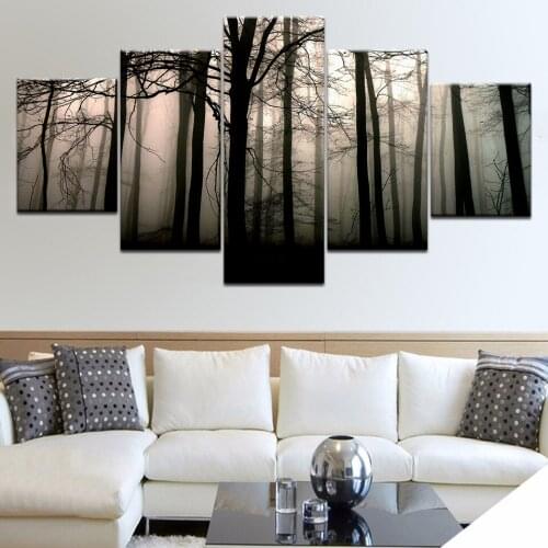 Paintings On Canvas Home Decor Poster And Prints Wall Art 5 Pieces Fog Forest Trees Landscape Pictures For Living Room Framework