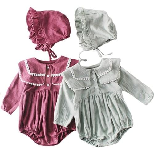 Baby Cotton Jumpsuit Spring Baby Girl Bodysuits +Hat 2020 New Baby Girl Lapel Long Sleeve Jacket Crawling Cap Baby Girl Clothes