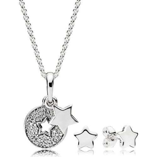 NEW Book Di 925 Sterling Silver Shining Stars Necklace and Earrings Gift Set fit charm original Necklace jewelry A Set