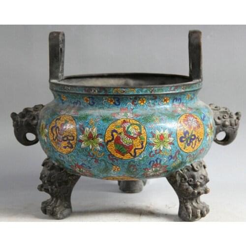 Song voge gem S2278 16" Marked Chinese Cloisonne Bronze Lion Beast Head handle Incense Burner Censer