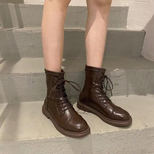 Fashion Women Mid Calf Boots For Female Ladies Concise Outdoor Round Toe Lace Up Boots 2021 New Autumn