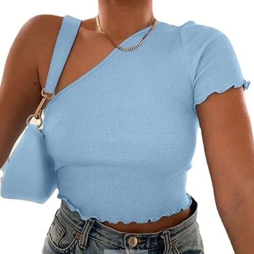 Women New Stylish Cotton Blouse Short Sleeve Skin-friendly Solid Color One Shoulder Tank Tops for Dating Streetwear
