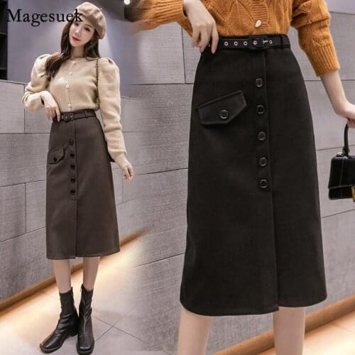 New Arrival Autumn A-Line Midi Skirt Button Skirts Womens 2021 Solid Vintage Wool Casual Long Winter Black Skirt Faldas 12133
