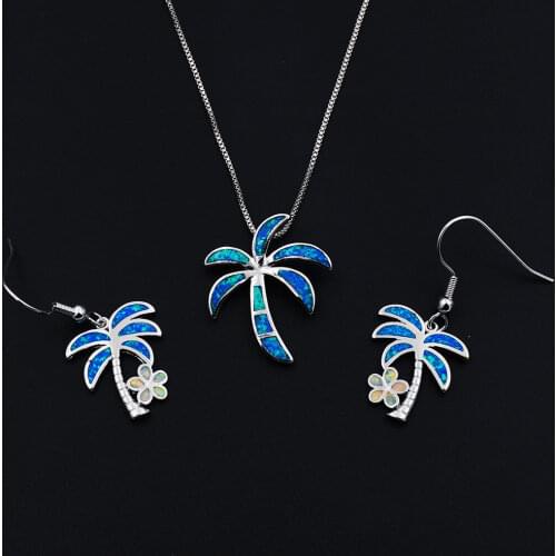Charming Blue Fire Opal Palm tree Jewelry Sets Necklace + Earring
