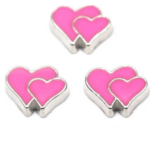 Wholesale 10pcs/lot Enamel Silver Pink Double Heart Floating Charms For Glass Memory Floating Lockets Bracelet DIY Jewelry