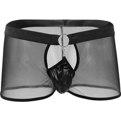 Low Waist Sexy Mens Underwear Gauze Boxer With Faux Leather Pouch Black White Red Purple Blue M L XL XXL ZJH1028