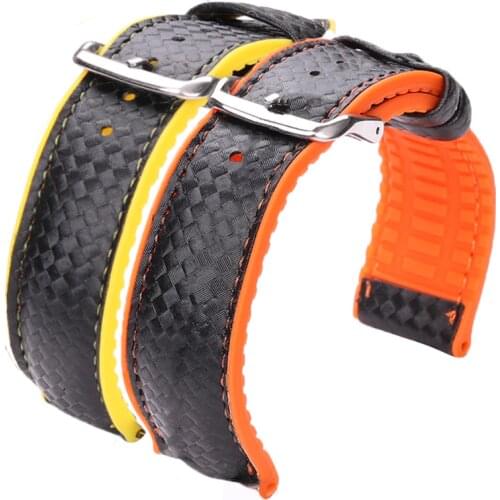 New Leather + Rubber Watchbands Women Men Yellow Orange Black 18 20 22mm Watch Band Strap Bracelet With Pin Buckle