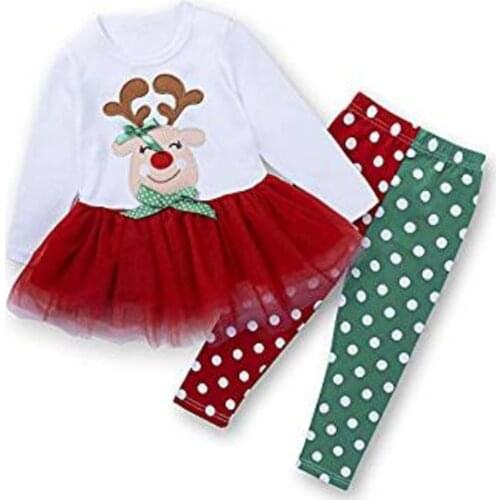 Toddler Baby Girl Christmas Outfit Long Sleeve Tutu Dress Top +Striped Dot Pants 2PCS Clothes Set