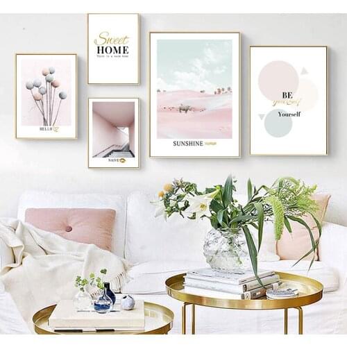 Pink Scandinavian Landscape Flower Ball Rhino Abstract Canvas Poster Cow Minimalist Wall Art Print Painting Decoration Picture