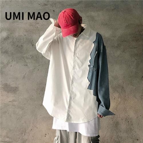 2021 Autumn High Street Trend Personality Denim Stitching Long Sleeve Shirt Ins Loose Casual Long-sleeved Shirt For Men Women