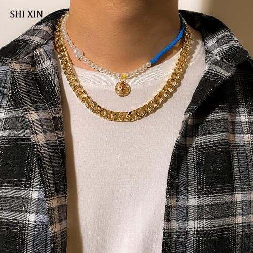 SHIXIN Punk Thick Link Chain with Coin Pendant Necklace on Neck Boho Pearl Beads Choker Necklaces for Men/Women Fashion Jewelry