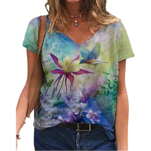 2021 New Women Floral Printed T Shirt Short Sleeve V-Neck Loose Ladies Casual Tops 3XL Plus Size Tee Summer Oversized Streetwear