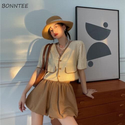 Sets Women Summer Plaid Streetwear Simple All-match Fashion Ulzzang Girls Sweet Soft Elegant Cropped V-neck 2 Piece Oufit New