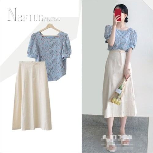 2020 New Casual Preppy Style Women Sets Floral Blouse And Solid Color Skirt Female Sets