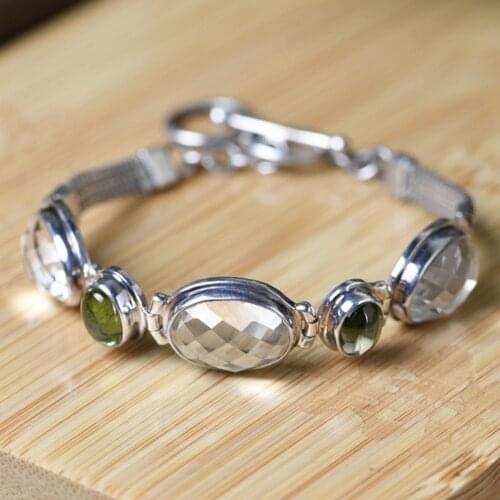 New S925 pure silver retro fashion woman bracelet green tourmaline white crystal silver jewelry female bracelet