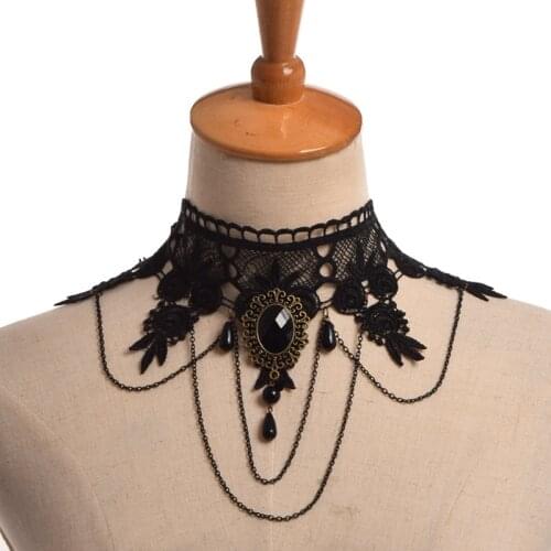 Gothic Steampunk Choker Necklace Victorian Black Lace Necklace Women Queen Party Cosplay Accessory