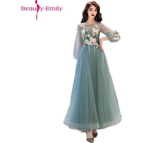 Beauty Emily Charming O Neck A Line Evening Dress Elegant Long Sleeve Zipper Back Appliques Formal Party Dress 5 Color Available