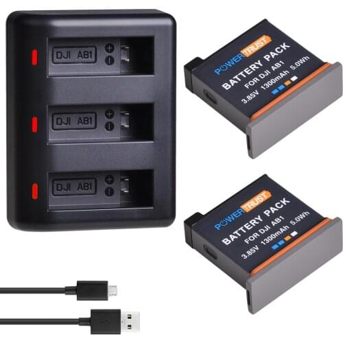 2Pcs 3.85V 1300mAh AB1 Battery + Rapid 3-Channel USB Charger for DJI Osmo Action Sports Camera AB1 Battery with Type C Port