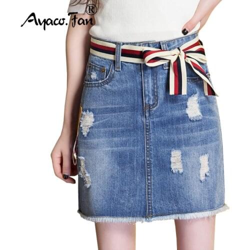 Women 2019 Summer Hole Tassel A-Line Denim Skirts with Belt for Girls Lady High Street Pockets Button All-matched Jeans Skirt