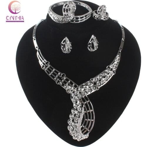 African Bridal Wedding Costume Jewelry Sets Women Golden Silver color Crystal Rhinestone Multilayer Pendant Necklace Set