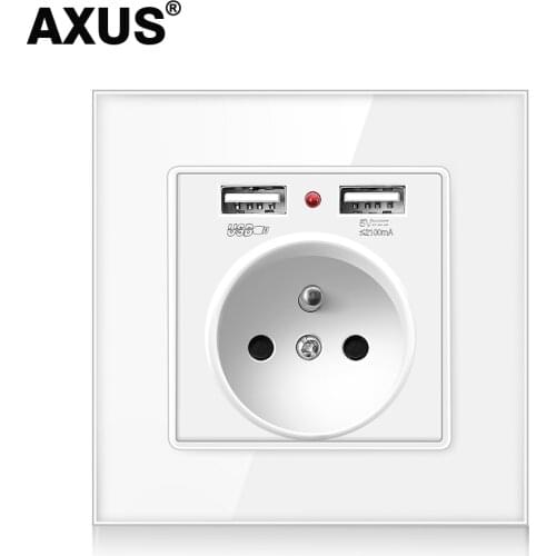 AXUS French Standard Socket 16A Wall Power USB Socket Dual USB Charger Port for Mobile, White Crystal glass panel AC 100~250V