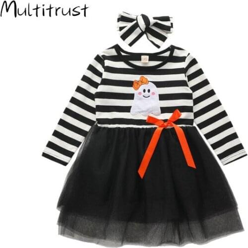 Kids Baby Girls 2-piece Outfit Set Halloween Long Sleeve Ghost Pattern Striped Mesh Dress and Headband Set