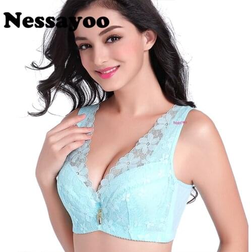 Nessayoo Wide shoulder straps and comfortable full cup B C D cup brassiere 40 42 44D Sexy lace bra Red Black BeigeThin underwear