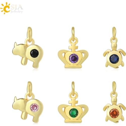 CSJA Gold Color CZ Charms Pendant for Jewelry Making Cubic Zirconia Turtle Crown Charms Earrings Bracelet Keychain Findings S781