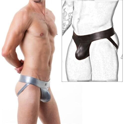 Mens sexy underwear patent leather double thongs imitation leather U convex butt T pants sexy sexy underwear alternative perfor