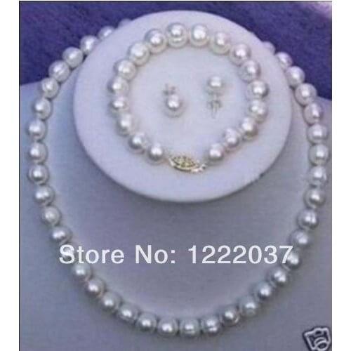 Natural 8-9mm White freshwater Cultured Pearl Necklace Bracelet Earring Set