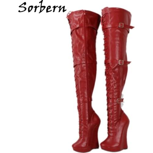 Sorbern 18CM Over Knee Length Women Boots Lace Up Real Image Unisex Ladies Party Boots Wedges Boots Gay Dance Shoes Sexy